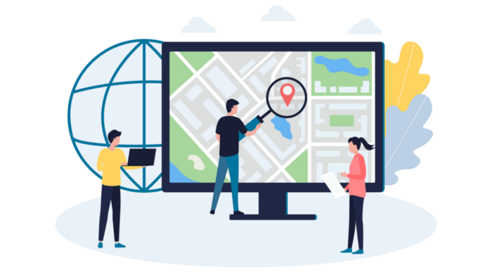 illustration of people with a map on screen