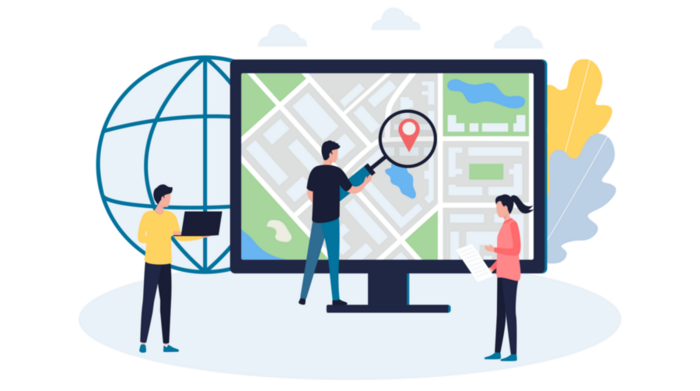 illustration of people with a map on screen illustration of people with a map on screen