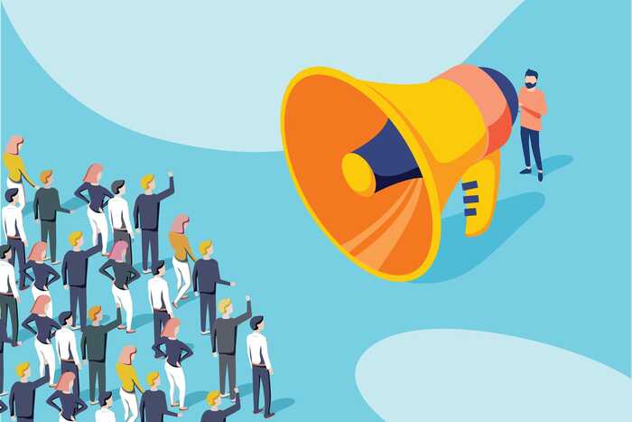 Finding a unique brand voice: cartoon with a megaphone talking to a crowd Finding a unique brand voice: cartoon with a megaphone talking to a crowd