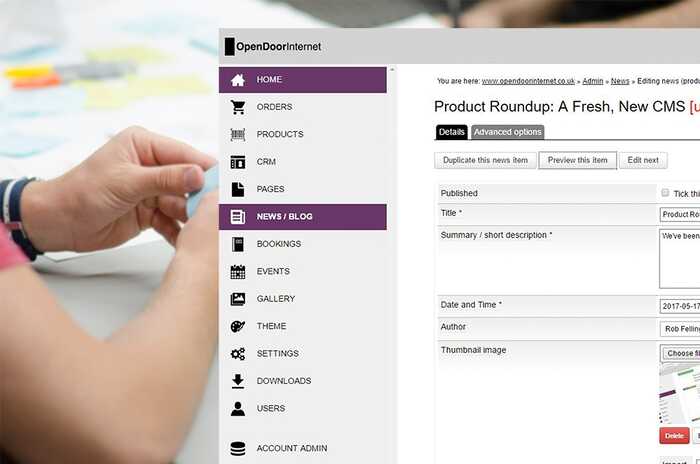 The CMS features a simple new side navigation to find your way around Open Door Internet Content Management System